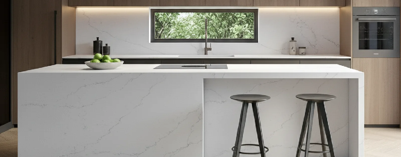 Kitchen design with white marble-look benchtop of Stone Ambassador