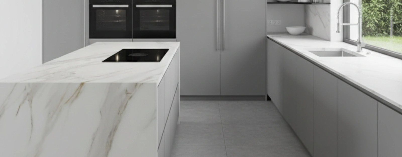 Kitchen featuring a large island and benchtop with YDL stone marble-look surfacing.
