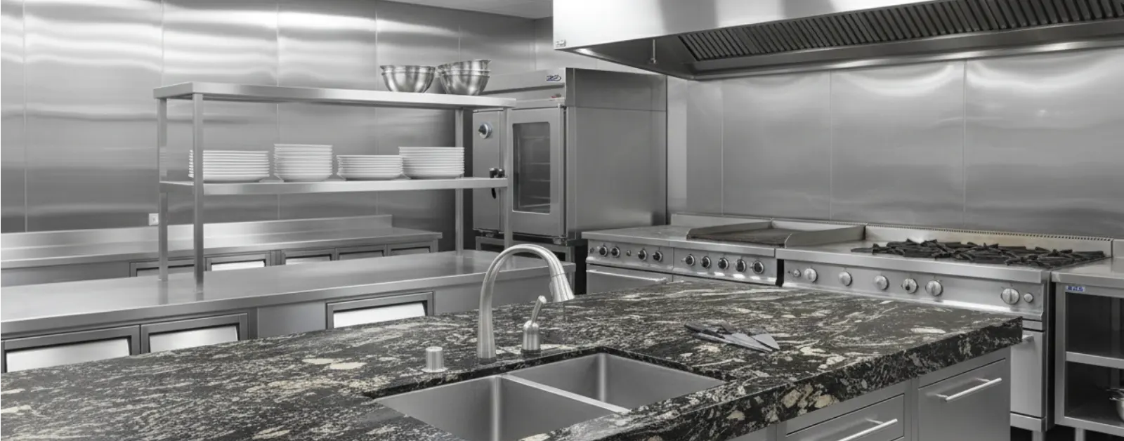 Commercial kitchen with black granite benchtop