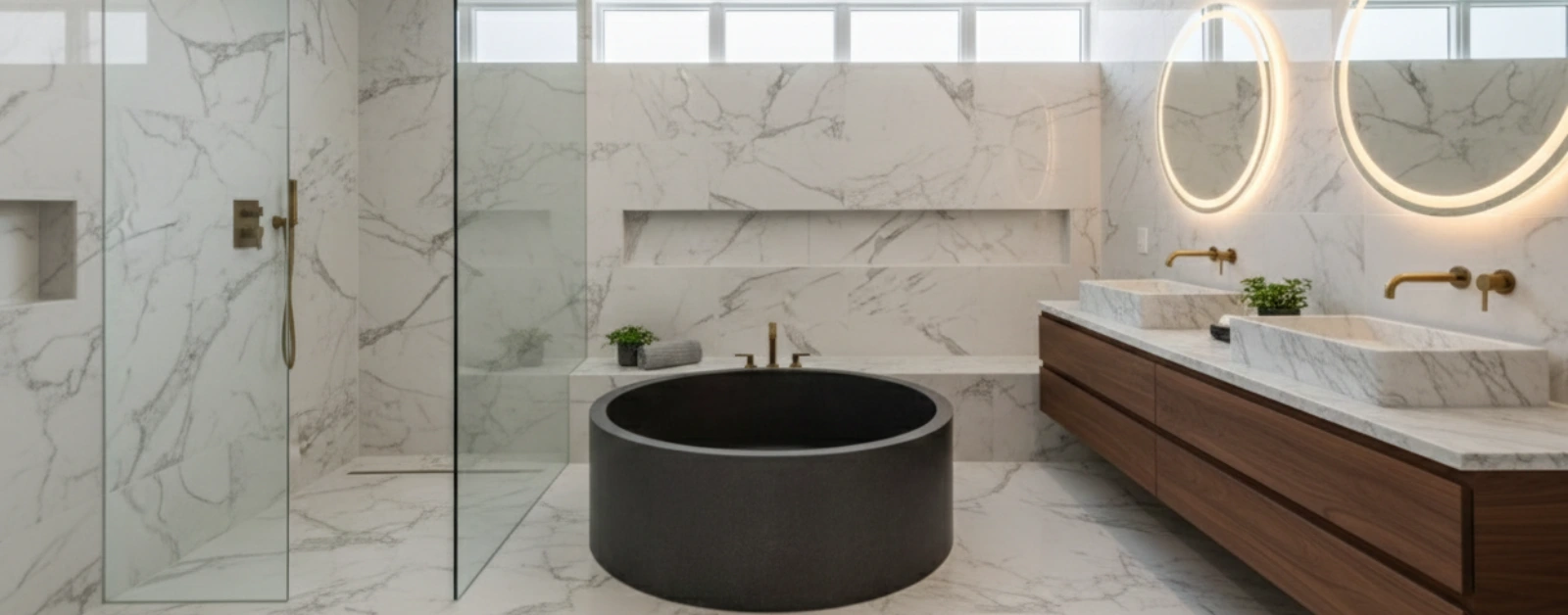 Luxury bathroom featuring large-scale white marble wall panels, a minimalist vanity, and contemporary lighting.