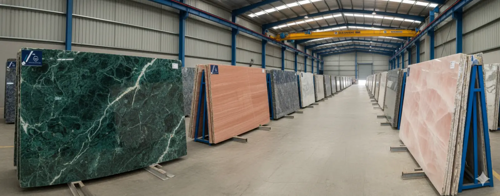 Large industrial stone warehouse featuring rows of polished marble and granite slabs