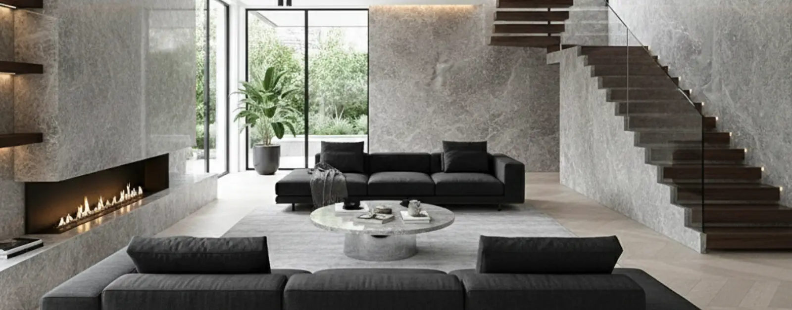 Modern luxury living room featuring a seamless Tundra Grey marble feature wall and fireplace, minimalist decor, and large floor-to-ceiling windows.