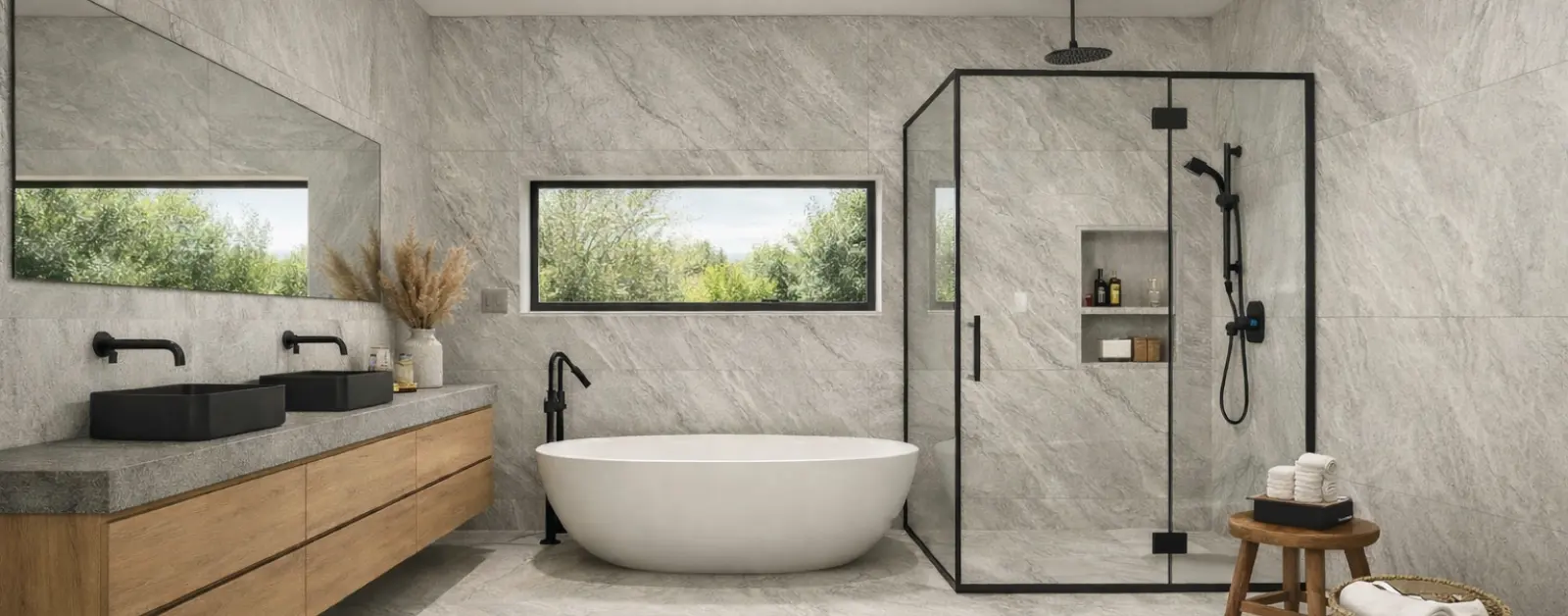 Bathroom design featuring grey marble-look porcelain stone tiles, freestanding bathtub, oak vanity, and black shower fixtures