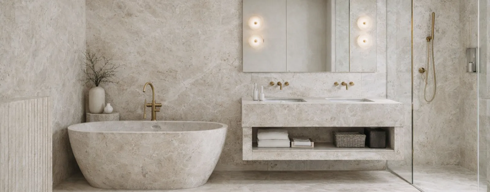 Limestone bathroom with brushed brass fixtures, freestanding bathtub, floating double vanity, and walk-in glass shower