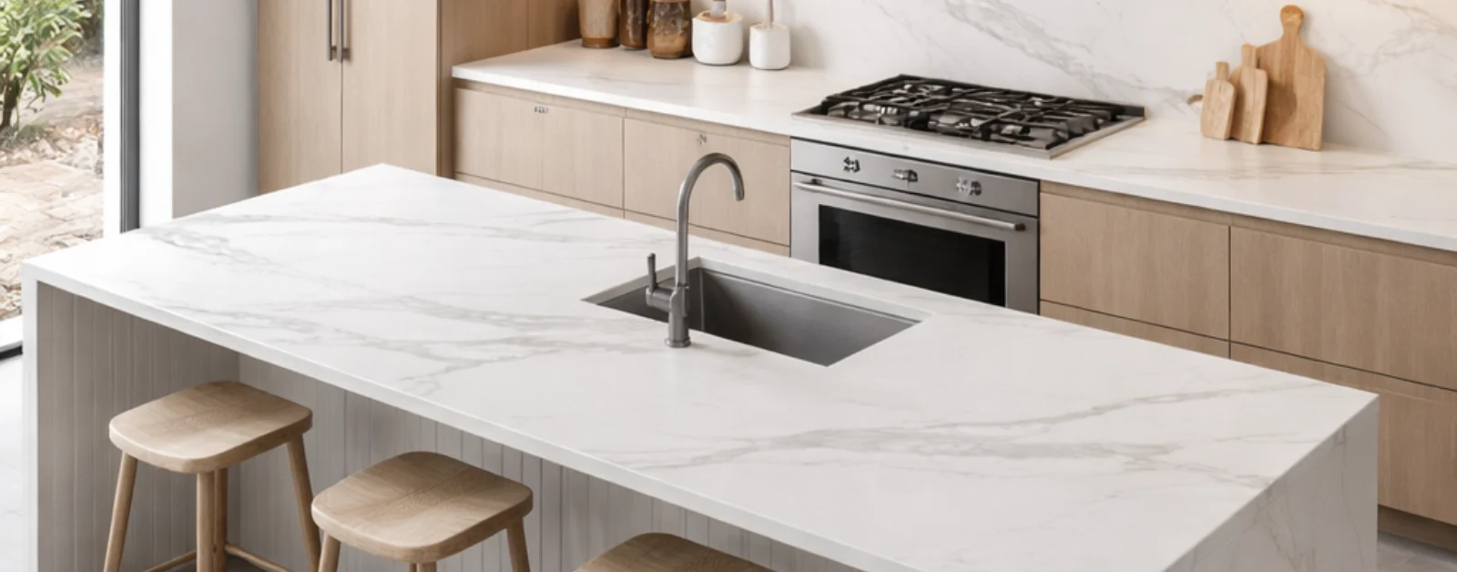 Smartstone countertop with waterfall edge island