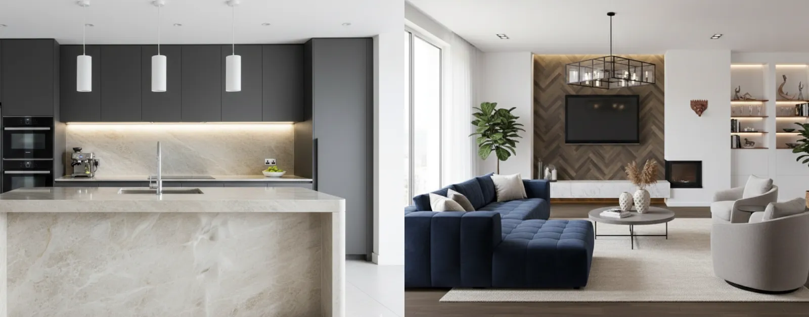 Interior design showcasing different types of porcelain stone used for a kitchen island and living room.