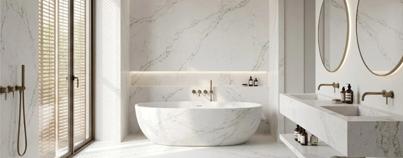Modern bathroom featuring Caesarstone marble vanity and freestanding tub.