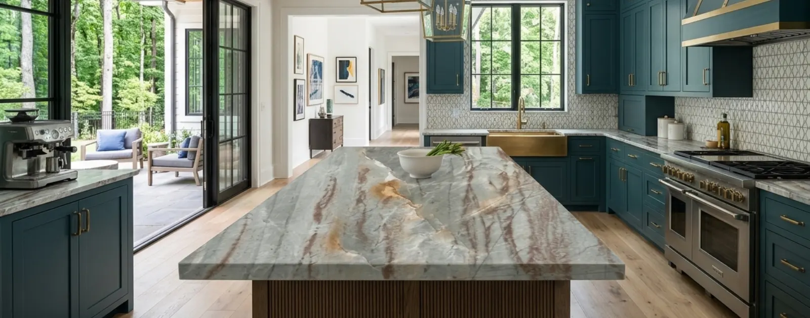 Teal kitchen with a large quartzite island, gold accents, and lantern pendants.
