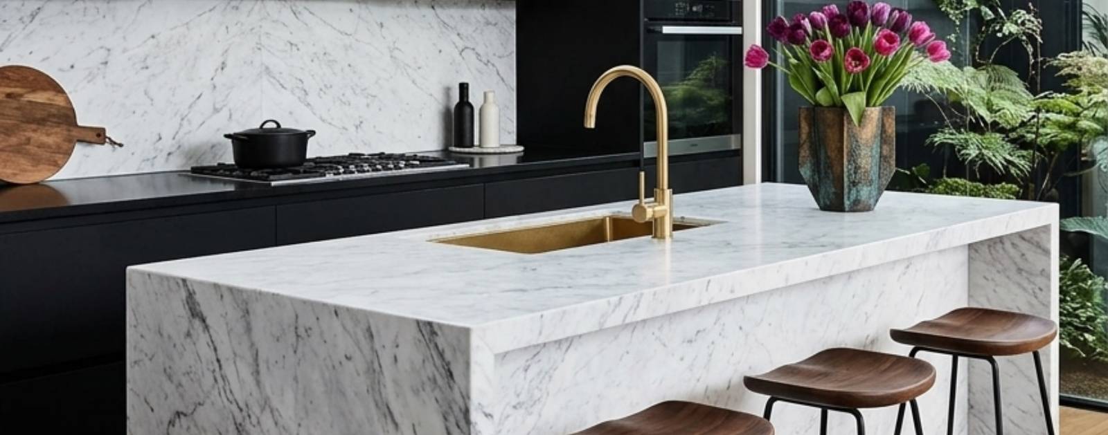 Modern kitchen featuring a white marble waterfall island.