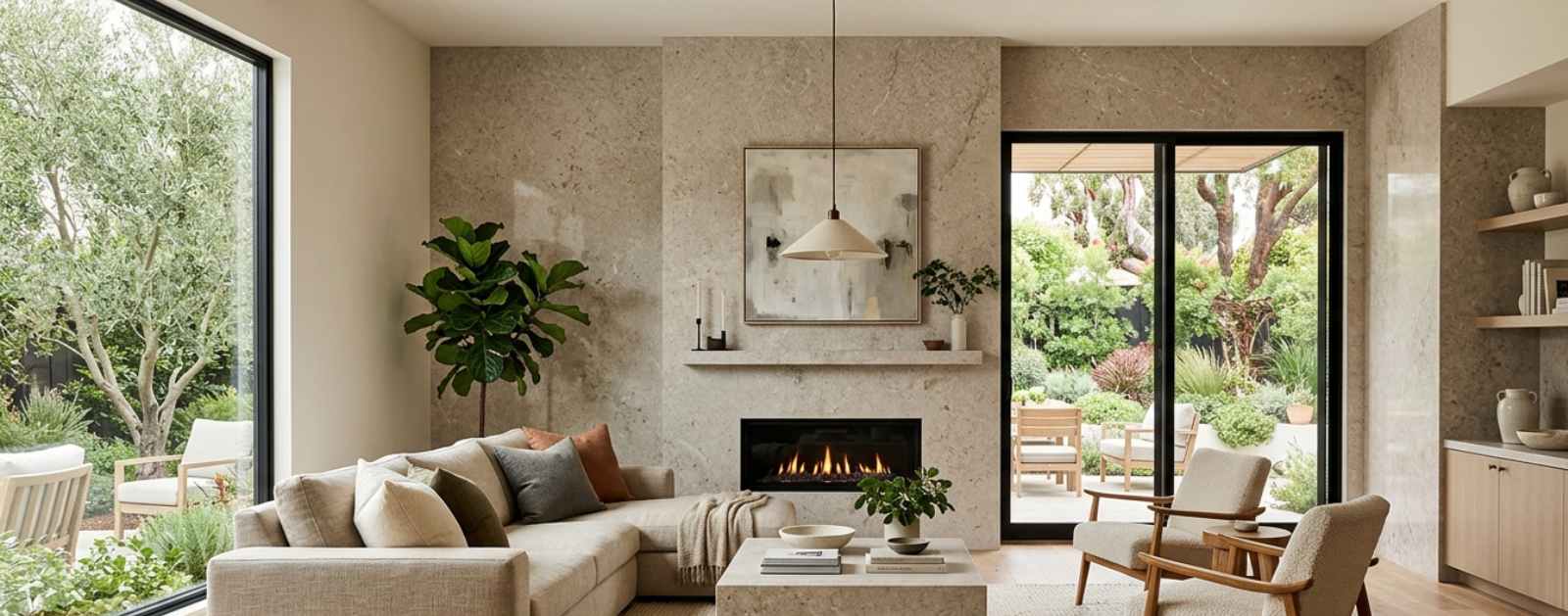 Modern living room featuring a Caesarstone wall