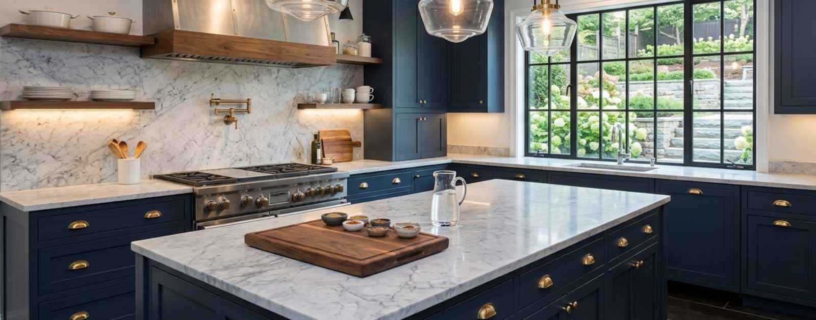 Modern navy blue kitchen featuring a large Carrara marble island